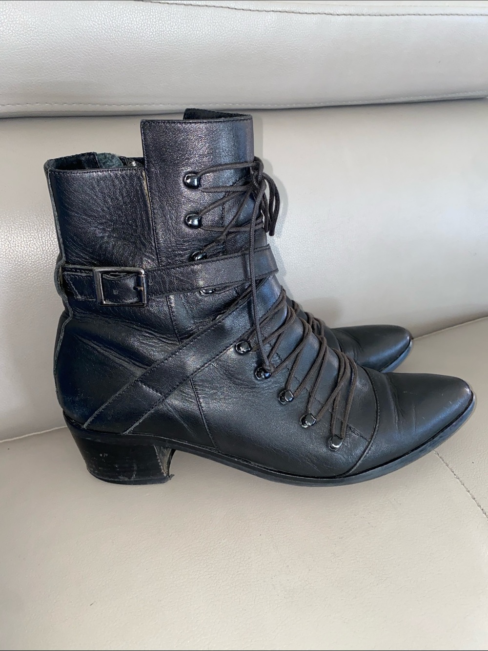Women's Black Lace-Up Leather Ankle Boots with Buckle